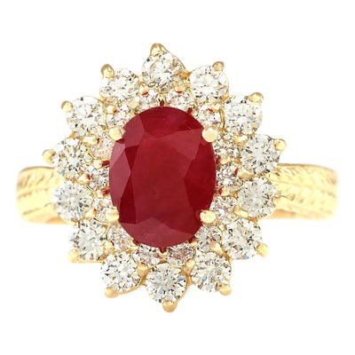 3.16 Carat Natural Ruby 14K Yellow Gold Diamond Ring - Fashion Strada