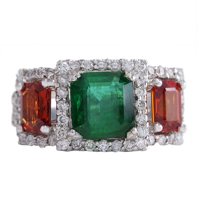 3.63 Carat Natural Emerald Ceylon Sapphire 14K White Gold Diamond Ring - Fashion Strada