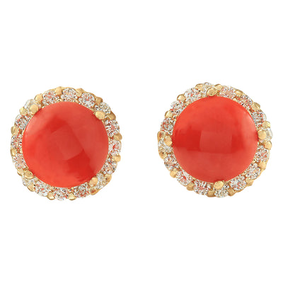 3.65 Carat Natural Coral 14K Yellow Gold Diamond Earrings - Fashion Strada