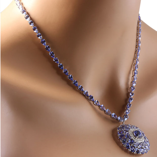 63.10 Carat Natural Tanzanite 14K White Gold Diamond Necklace - Fashion Strada