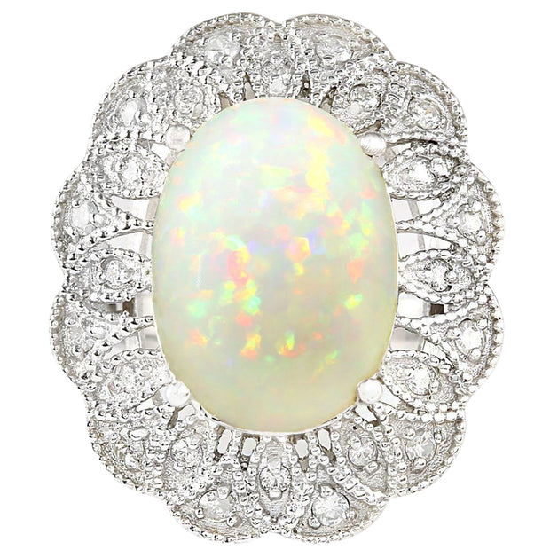 6.32 Carat Natural Opal 14K White Gold Diamond Ring - Fashion Strada