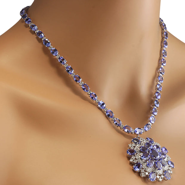 72.64 Carat Natural Tanzanite 14K White Gold Diamond Necklace - Fashion Strada