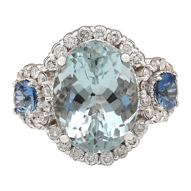 7.41 Carat Natural Aquamarine Sapphire 14K White Gold Diamond Ring - Fashion Strada