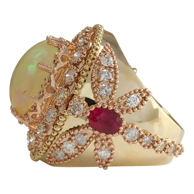 7.71 Carat Natural Opal Ruby 14K Yellow Gold Diamond Ring - Fashion Strada