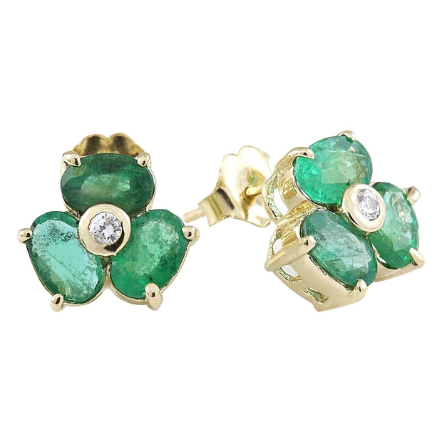 2.90 Carat Natural Emerald 14K Solid Yellow Gold Diamond Stud Earrings - Fashion Strada