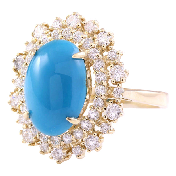7.10 Carat Natural Turquoise 14K Solid Yellow Gold Diamond Ring - Fashion Strada