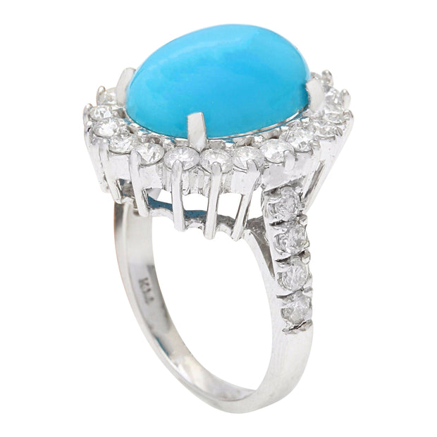 7.00 Carat Natural Turquoise 14K Solid White Gold Diamond Ring - Fashion Strada