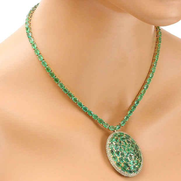 53.00 Carat Natural Emerald 14K Solid Yellow Gold Diamond Pendant Necklace - Fashion Strada