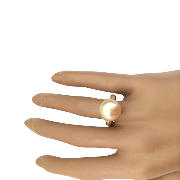 12.45 mm White South Sea Pearl 14K Solid Yellow Gold Diamond Ring - Fashion Strada