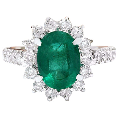 3.70 Carat Natural Emerald 14K Solid White Gold Diamond Ring - Fashion Strada