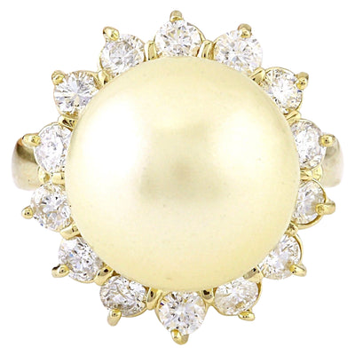 12.95 mm Gold South Sea Pearl 14K Solid Yellow Gold Diamond Ring - Fashion Strada