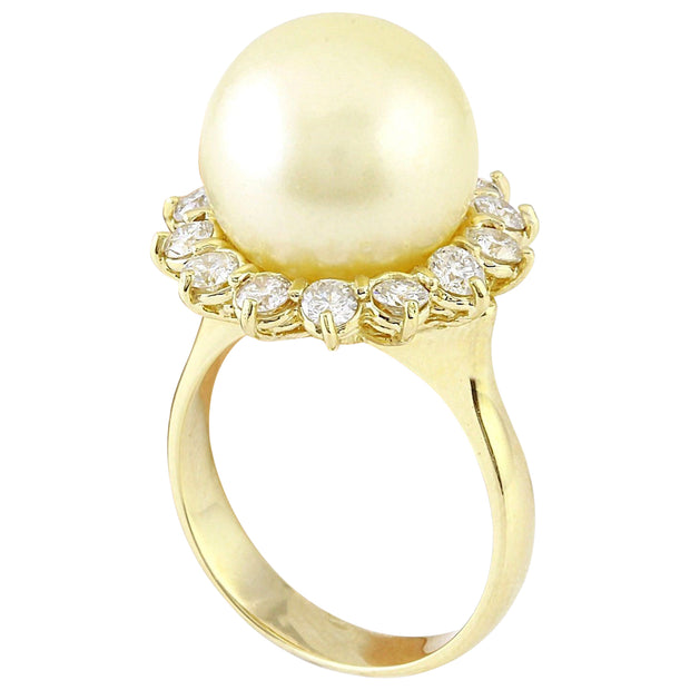 12.95 mm Gold South Sea Pearl 14K Solid Yellow Gold Diamond Ring - Fashion Strada