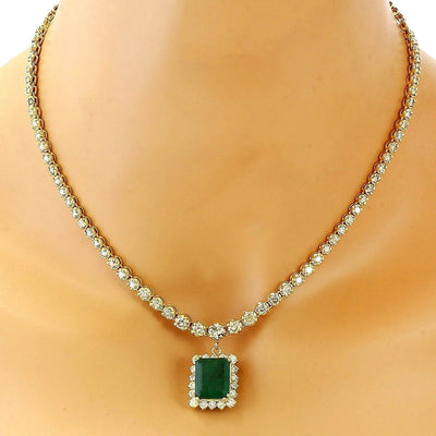 13.80 Carat Natural Emerald 14K Solid Yellow Gold Diamond Necklace - Fashion Strada