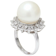 12.08 mm White South Sea Pearl 14K Solid White Gold Diamond Ring - Fashion Strada
