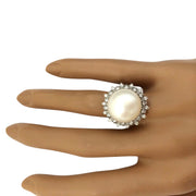 12.08 mm White South Sea Pearl 14K Solid White Gold Diamond Ring - Fashion Strada