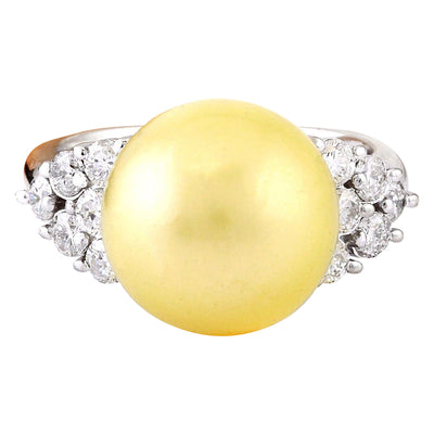 12.90 mm Gold South Sea Pearl 14K Solid White Gold Diamond Ring - Fashion Strada