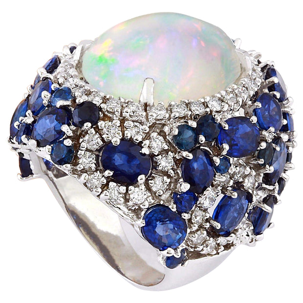 21.25 Carat Natural Opal, Sapphire 14K Solid White Gold Diamond Ring - Fashion Strada