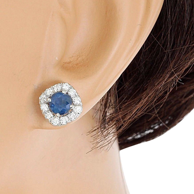2.13 Carat Natural Sapphire 14K Solid White Gold Diamond Stud Earrings - Fashion Strada