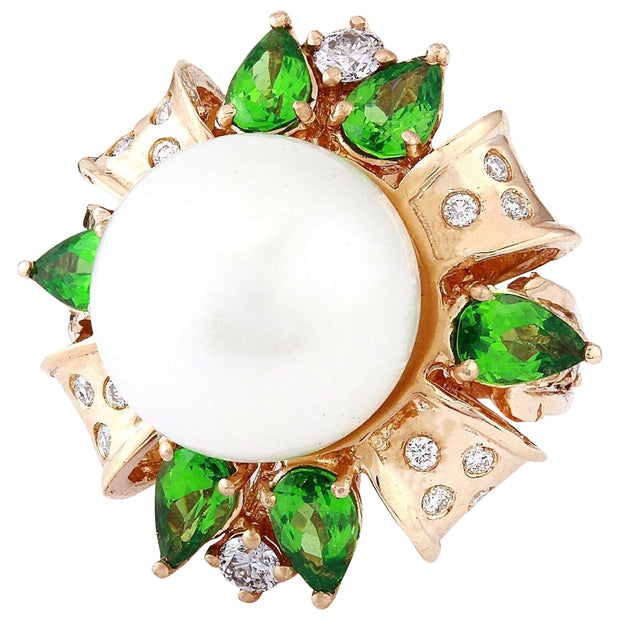 14.90 mm Gold South Sea Pearl, Tsavorite 14K Solid Rose Gold Diamond Ring - Fashion Strada