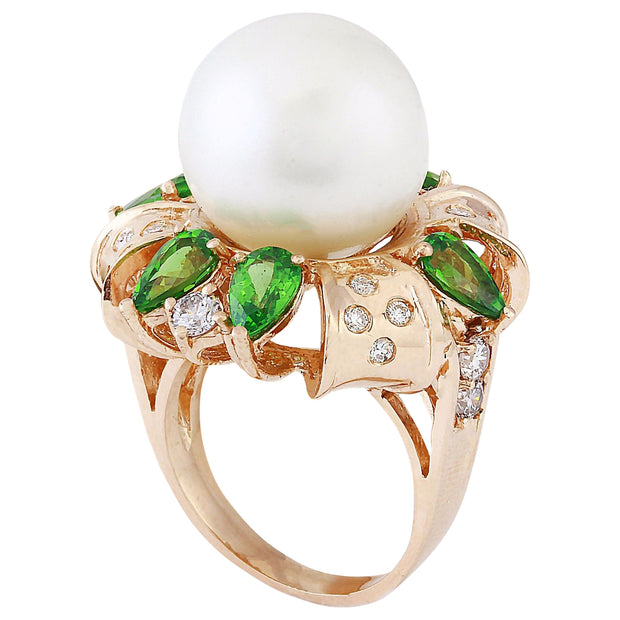 14.90 mm Gold South Sea Pearl, Tsavorite 14K Solid Rose Gold Diamond Ring - Fashion Strada