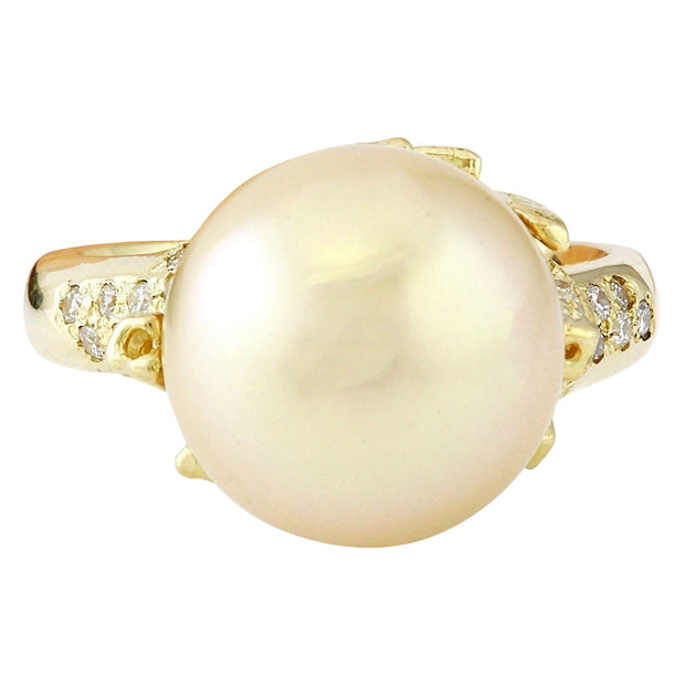 12.45 mm Gold South Sea Pearl 14K Solid Yellow Gold Diamond Ring - Fashion Strada