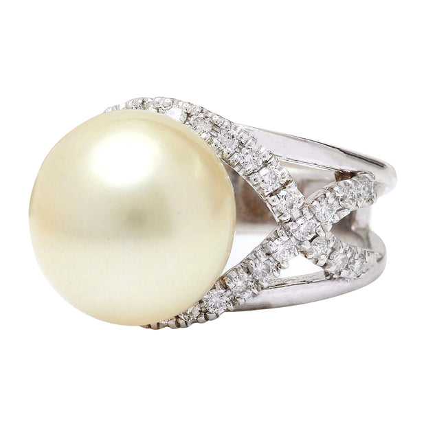 13.12 mm White South Sea Pearl 14K Solid White Gold Diamond Ring - Fashion Strada