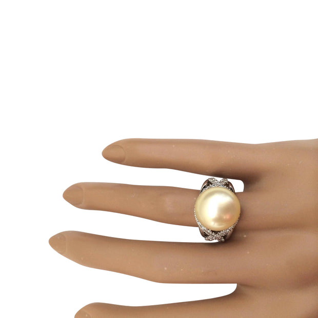 13.12 mm White South Sea Pearl 14K Solid White Gold Diamond Ring - Fashion Strada