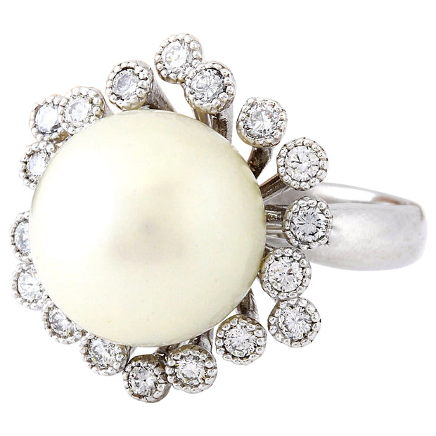 14.65 mm White South Sea Pearl 14K Solid White Gold Diamond Ring - Fashion Strada