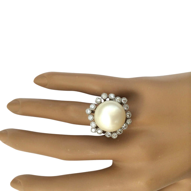 14.65 mm White South Sea Pearl 14K Solid White Gold Diamond Ring - Fashion Strada