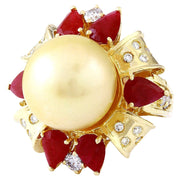 15.15 mm Gold South Sea Pearl, Ruby 14K Solid Yellow Gold Diamond Ring - Fashion Strada