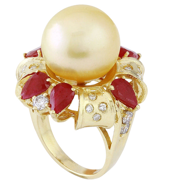 15.15 mm Gold South Sea Pearl, Ruby 14K Solid Yellow Gold Diamond Ring - Fashion Strada