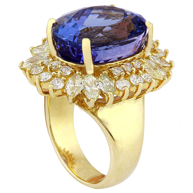 18.75 Carat Natural Tanzanite 14K Solid Yellow Gold Diamond Ring - Fashion Strada
