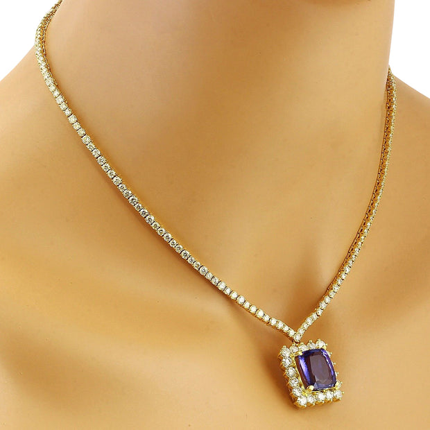 22.92 Carat Natural Tanzanite 14K Solid Yellow Gold Diamond Necklace - Fashion Strada