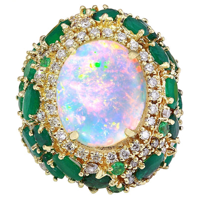 23.55 Carat Natural Opal, Emerald 14K Solid Yellow Gold Diamond Ring - Fashion Strada