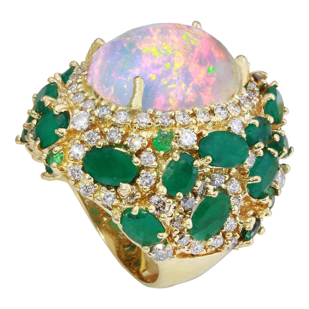 23.55 Carat Natural Opal, Emerald 14K Solid Yellow Gold Diamond Ring - Fashion Strada