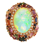 26.5 Carat Natural Opal, Sapphire 14K Solid Rose Gold Diamond Ring - Fashion Strada