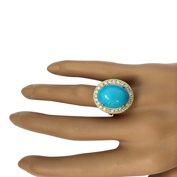 9.12 Carat Natural Turquoise 14K Solid Yellow Gold Diamond Ring - Fashion Strada