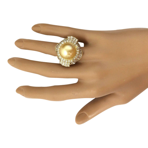 14.08 mm Gold South Sea Pearl 14K Solid Yellow Gold Diamond Ring - Fashion Strada
