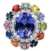 10.76 Carat Natural Tanzanite, Sapphire 14K Solid White Gold Diamond Ring - Fashion Strada
