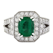 3.17 Carat Natural Emerald 14K Solid White Gold Diamond Ring - Fashion Strada