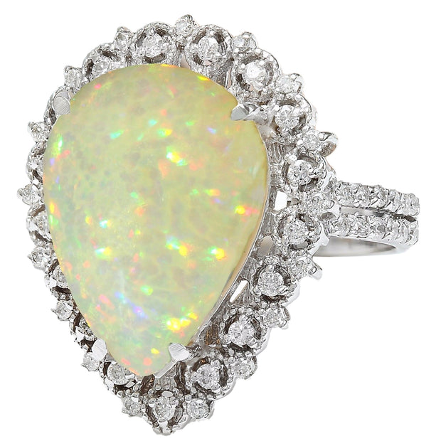 6.55 Carat Natural Opal 14K Solid White Gold Diamond Ring - Fashion Strada