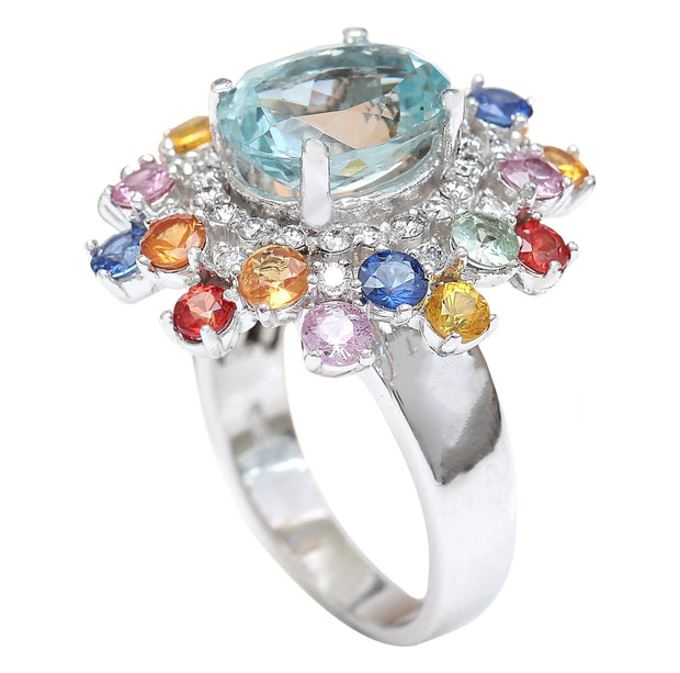 8.03 Carat Natural Aquamarine, Sapphire 14K Solid White Gold Diamond Ring - Fashion Strada